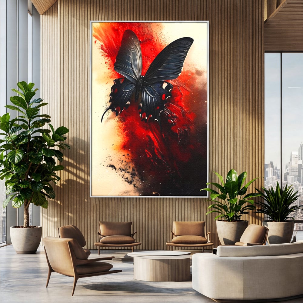 Tablou canvas cu tablou canvas cu fluture negru si fundal rosu, in rama de aluminiu argintiu, pe perete intr-un birou